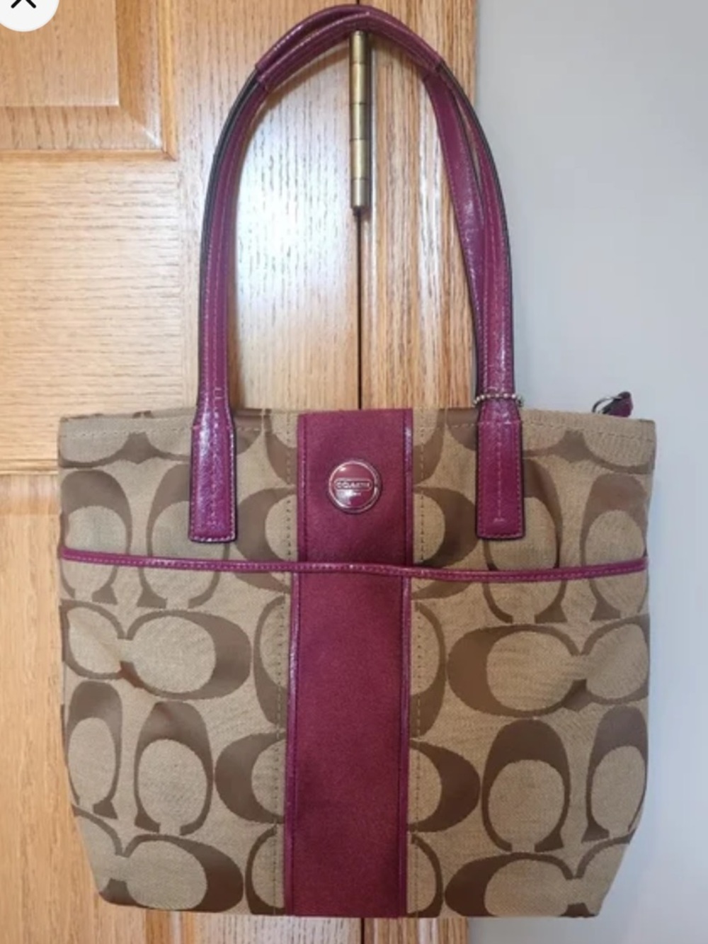 Coach Signature Stripe Canvas Tote Khaki/Passion Berry Embossed Python Leather